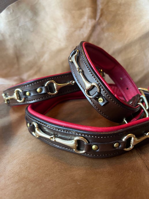 English Riding Snaffle Bit Red Padded Leather Dog Collar