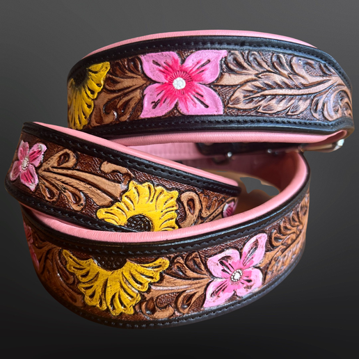 Maui Pink Tooled Leather Western Floral Dog Collar