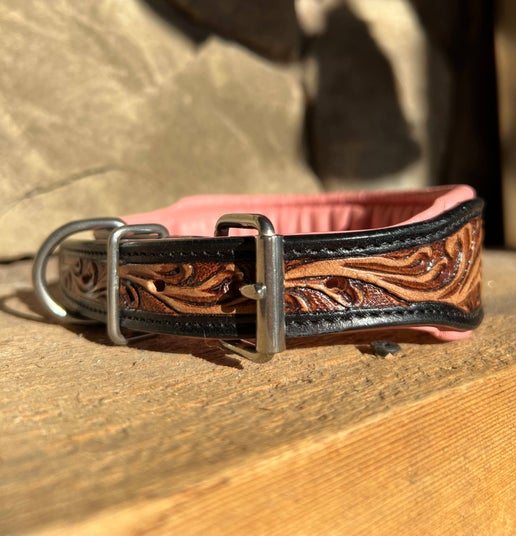 Maui Pink Tooled Leather Western Floral Dog Collar