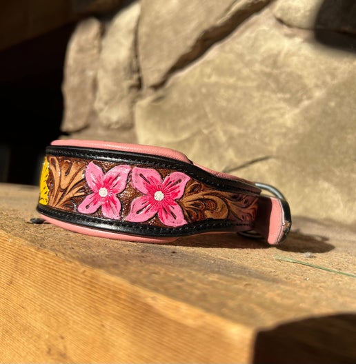 Maui Pink Tooled Leather Western Floral Dog Collar