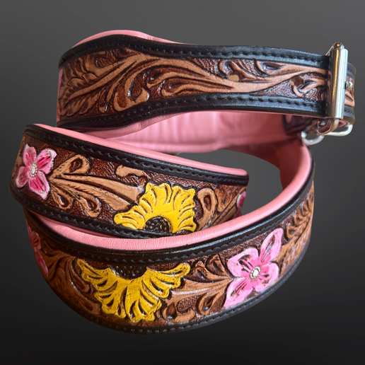 Maui Pink Tooled Leather Western Floral Dog Collar