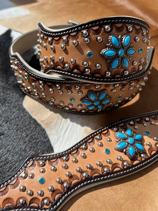 Western Tooled Leather Turquoise Concho Scalloped Dog Collar