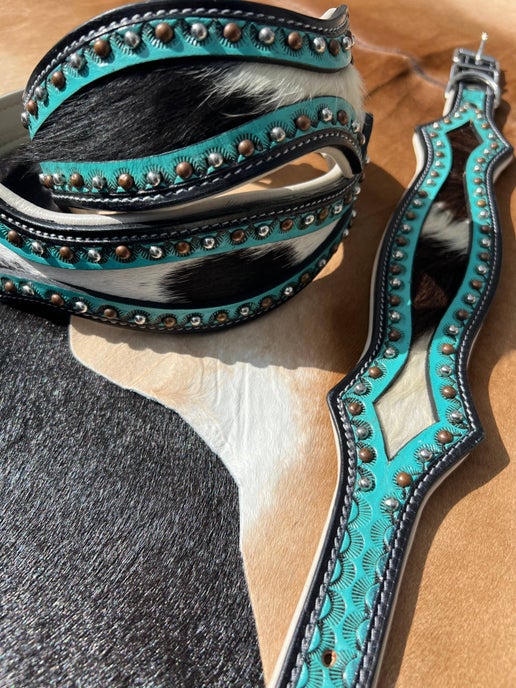 Western Hair On Cowhide Scalloped Turquoise Dog Collar