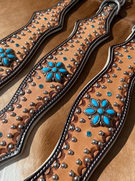 Western Tooled Leather Turquoise Concho Scalloped Dog Collar