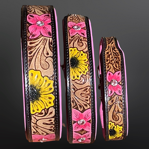 Maui Pink Tooled Leather Western Floral Dog Collar