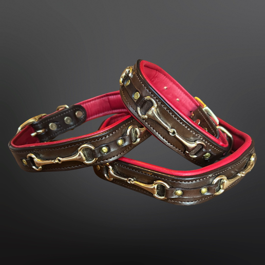 English Riding Snaffle Bit Red Padded Leather Dog Collar